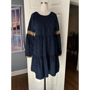 Elizabeth and James XS blue yellow embroidered long sleeve tiered peasant dress